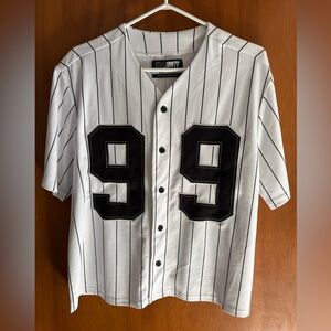 Urban Outfitters White Pinstripe Baseball Jersey with Black 99 Patch